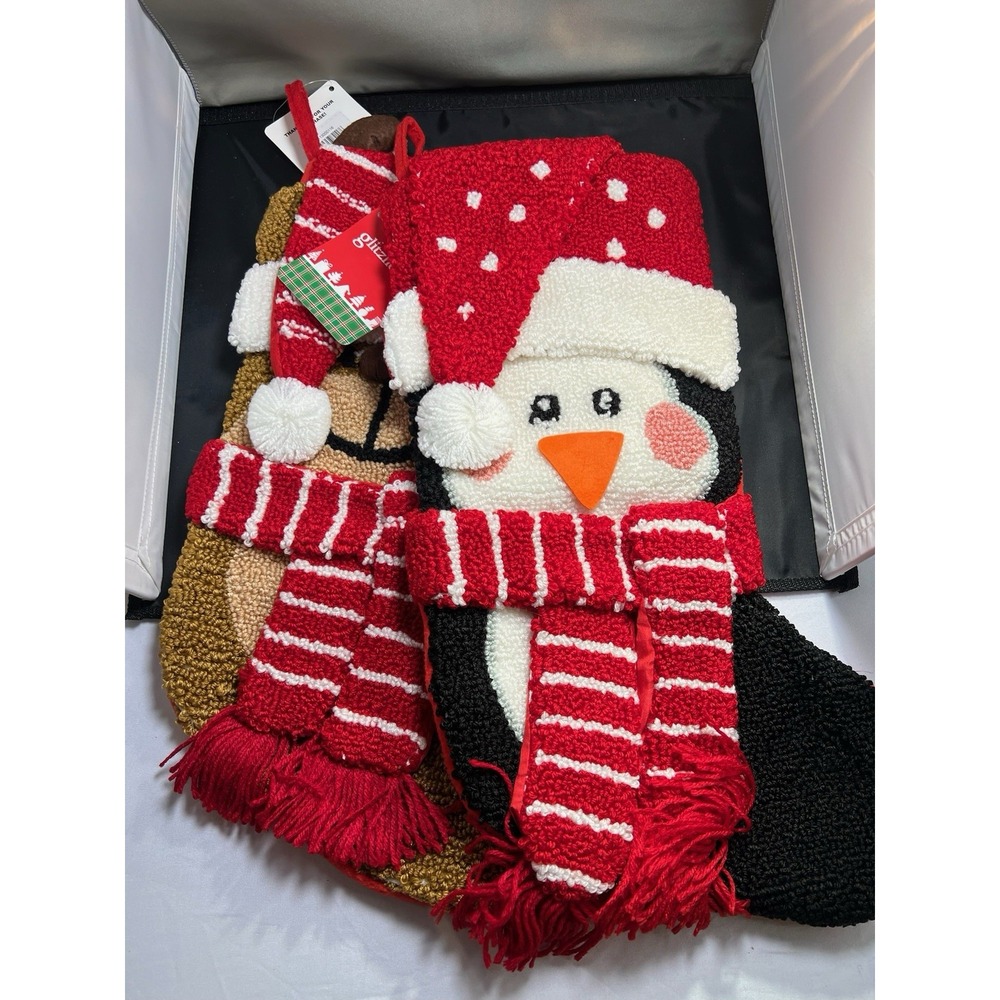 Glitzhome Hooked Christmas Stocking 19" 3D Knit Set Penguin & Reindeer